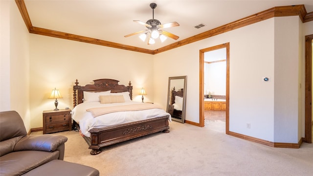 10133 Leaping Buck Pt, Fort Worth, TX 76126 - bedroom featuring ornamental molding, light carpet, ensuite bath, and ceiling fan