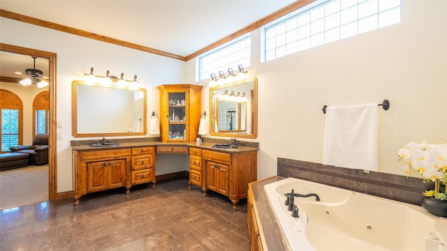10133 Leaping Buck Pt, Fort Worth, TX 76126 - bathroom with double vanity, a ceiling fan, crown molding, and a jetted tub