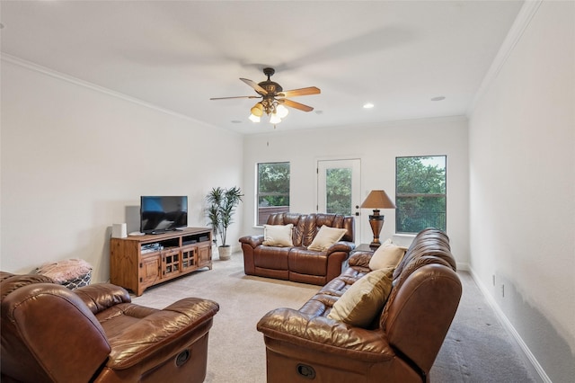10133 Leaping Buck Pt, Fort Worth, TX 76126 - living room with light colored carpet, ornamental molding, ceiling fan, and recessed lighting