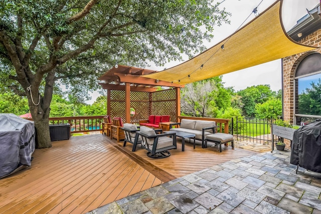 10133 Leaping Buck Pt, Fort Worth, TX 76126 - wooden terrace with an outdoor hangout area, a pergola, and a grill