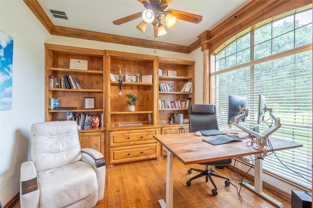 10133 Leaping Buck Pt, Fort Worth, TX 76126 - office featuring crown molding, a ceiling fan, and light wood finished floors
