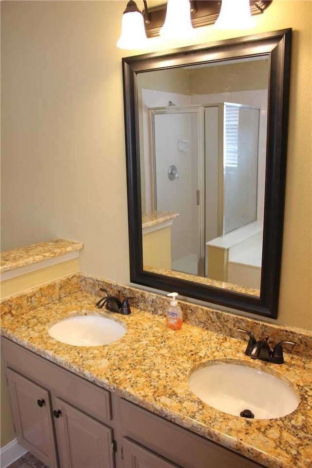 2501 Windchase Dr, Flower Mound, TX 75028 - full bathroom featuring double vanity and a stall shower
