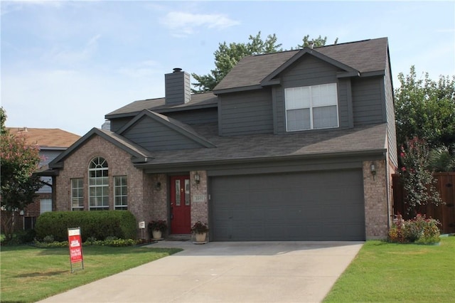 2501 Windchase Dr, Flower Mound, TX 75028 - traditional home with concrete driveway, brick siding, a shingled roof, a chimney, and a garage