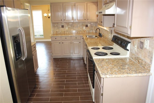 2501 Windchase Dr, Flower Mound, TX 75028 - kitchen with stainless steel fridge, white range with electric stovetop, custom range hood, dark wood finished floors, and light stone countertops