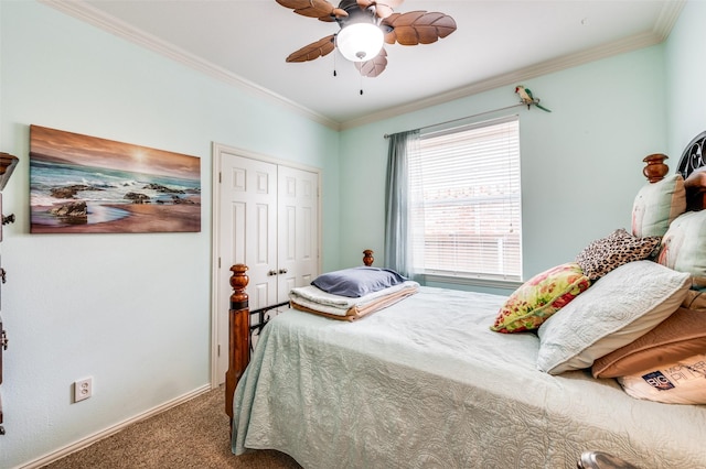 216 Barkley Dr, Hickory Creek, TX 75065 - bedroom featuring carpet floors, a closet, ornamental molding, and ceiling fan