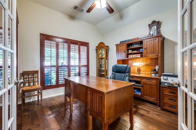 216 Barkley Dr, Hickory Creek, TX 75065 - office area featuring ceiling fan, vaulted ceiling, healthy amount of natural light, dark wood finished floors, and french doors