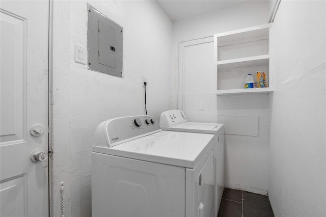 82 Vaughn Dr, Denison, TX 75020 - washroom featuring electric panel, washing machine and clothes dryer, and dark tile patterned floors