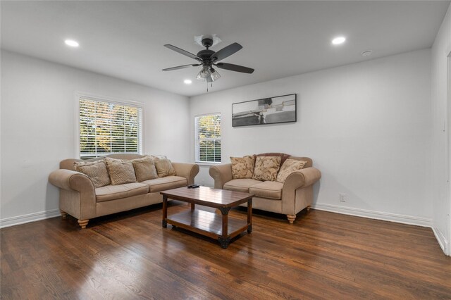 82 Vaughn Dr, Denison, TX 75020 - living area with dark wood-style floors, a ceiling fan, and recessed lighting