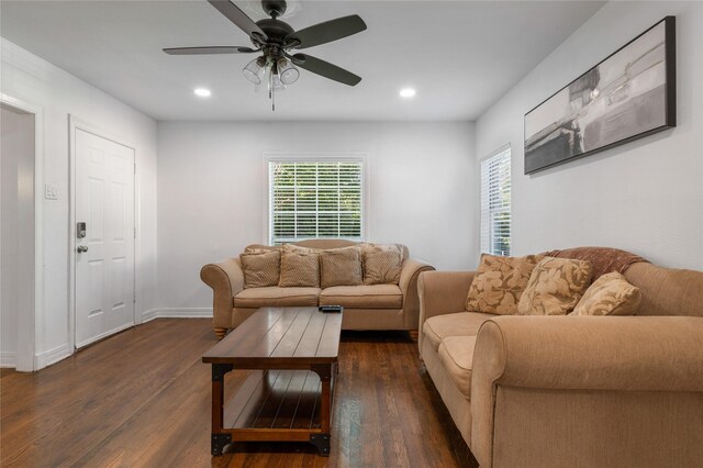 82 Vaughn Dr, Denison, TX 75020 - living room with dark wood finished floors, a ceiling fan, and recessed lighting