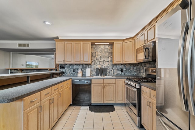 4043 Star Trek Ln, Garland, TX 75044 - kitchen featuring black appliances, light brown cabinets, light tile patterned flooring, backsplash, and recessed lighting