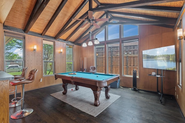 4043 Star Trek Ln, Garland, TX 75044 - rec room with billiards, hardwood / wood-style floors, wooden walls, ceiling fan, and wooden ceiling