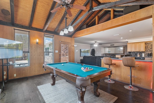 4043 Star Trek Ln, Garland, TX 75044 - playroom featuring a ceiling fan, dark wood-style flooring, pool table, wooden walls, and wood ceiling