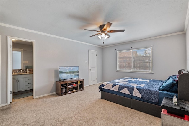 4043 Star Trek Ln, Garland, TX 75044 - bedroom with light colored carpet, crown molding, connected bathroom, and a ceiling fan