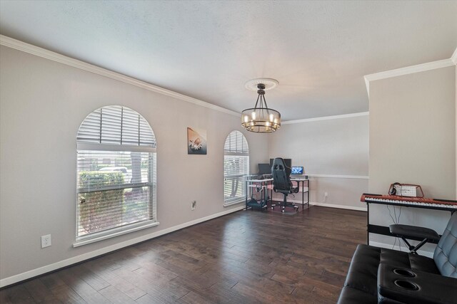 4043 Star Trek Ln, Garland, TX 75044 - home office with dark wood-type flooring, a chandelier, and crown molding