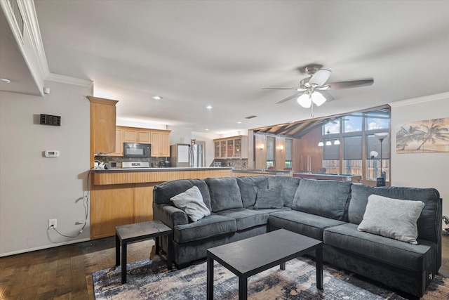 4043 Star Trek Ln, Garland, TX 75044 - living room with dark wood-style floors, ornamental molding, a ceiling fan, and recessed lighting