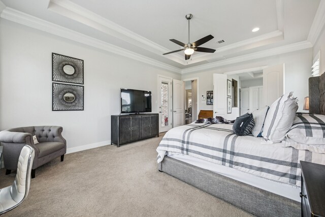 6603 Erin Ln, Parker, TX 75002 - bedroom featuring a raised ceiling, ornamental molding, light carpet, recessed lighting, and ceiling fan
