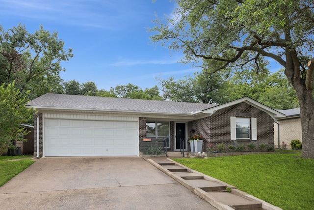 11335 Fernald Ave, Dallas, TX 75218 - ranch-style house featuring brick siding, concrete driveway, a front lawn, an attached garage, and roof with shingles