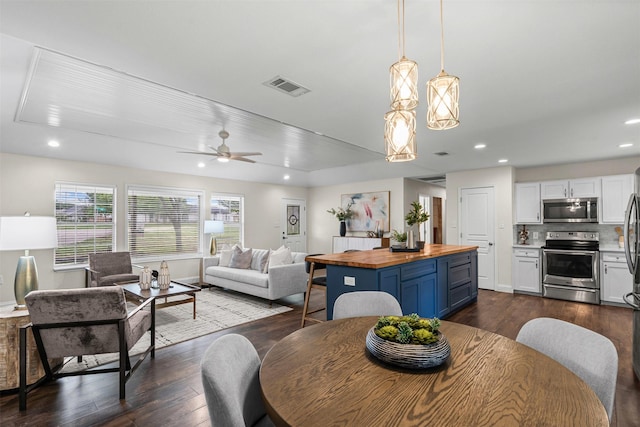 102 Collin Ct, Prosper, TX 75078 - dining space with dark wood-type flooring, recessed lighting, and ceiling fan