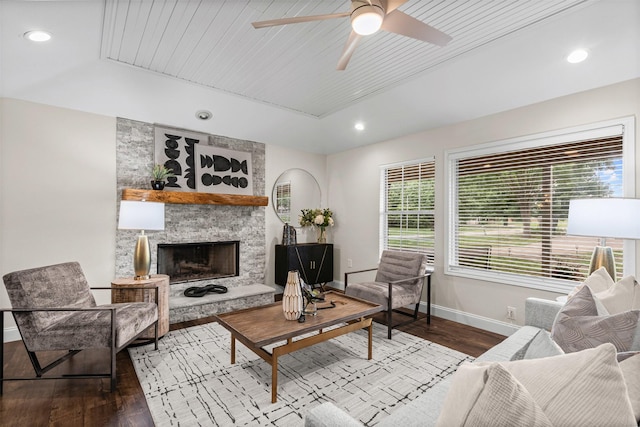102 Collin Ct, Prosper, TX 75078 - living area with wood finished floors, a fireplace, ceiling fan, and recessed lighting