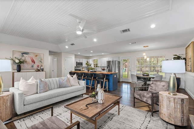 102 Collin Ct, Prosper, TX 75078 - living room featuring wood finished floors, ceiling fan, recessed lighting, and lofted ceiling