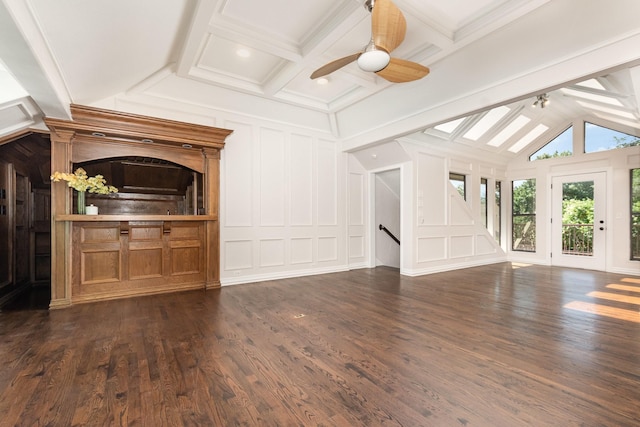 4410 Briargrove Ln, Dallas, TX 75287 - unfurnished living room with ceiling fan, a decorative wall, and dark wood-style flooring