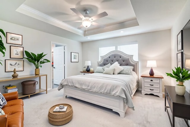 2058 Henrietta Dr, Forney, TX 75126 - bedroom featuring a raised ceiling, ornamental molding, light carpet, ceiling fan, and recessed lighting