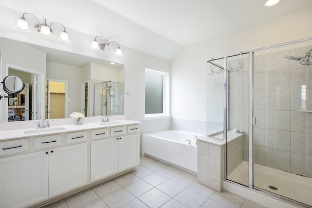8116 Charford Dr, Fort Worth, TX 76131 - full bath with a shower stall, tile patterned floors, double vanity, and a garden tub