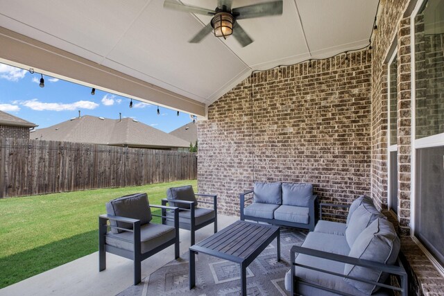 8116 Charford Dr, Fort Worth, TX 76131 - fenced backyard featuring an outdoor hangout area, ceiling fan, and a patio