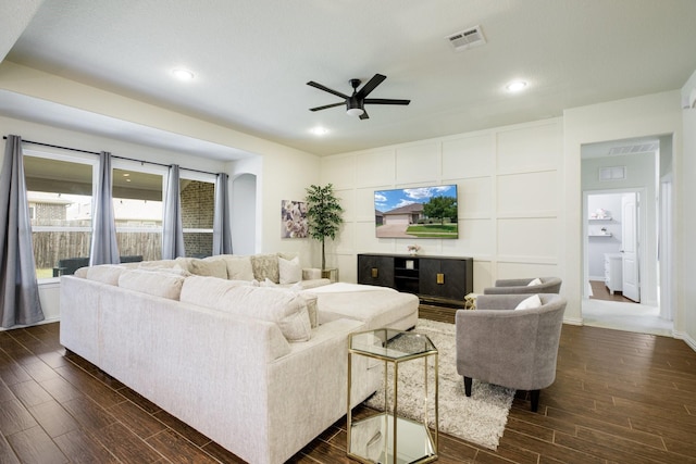 8116 Charford Dr, Fort Worth, TX 76131 - living room featuring dark wood finished floors, ceiling fan, and recessed lighting