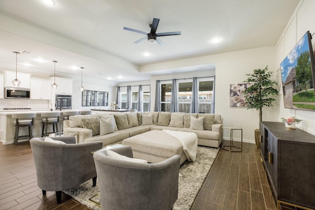 8116 Charford Dr, Fort Worth, TX 76131 - living area featuring dark wood-style flooring, a ceiling fan, and recessed lighting