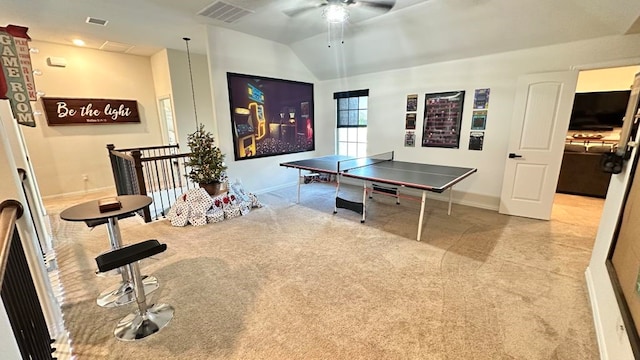 1518 Primrose Pl, Haslet, TX 76052 - recreation room with carpet floors, ceiling fan, and vaulted ceiling