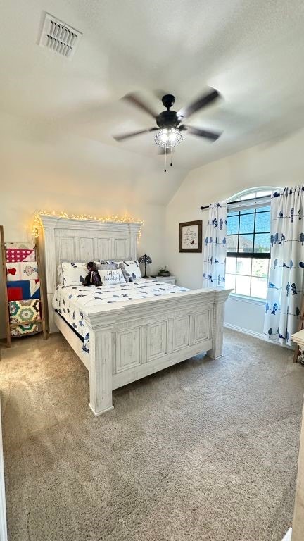 1518 Primrose Pl, Haslet, TX 76052 - bedroom featuring light carpet, a ceiling fan, and lofted ceiling