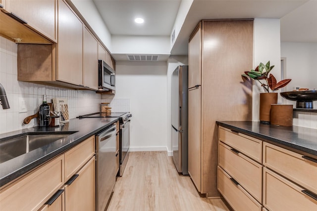 4239 Mckinney Ave Unit 202, Dallas, TX 75205 - kitchen with appliances with stainless steel finishes, light wood finished floors, decorative backsplash, dark stone counters, and recessed lighting