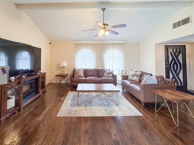 503 White Oak St, Allen, TX 75002 - living room featuring beamed ceiling, ceiling fan, wood finished floors, and high vaulted ceiling