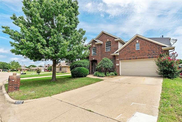 3212 Cantura Dr, Mesquite, TX 75181 - traditional-style house featuring brick siding, a front lawn, driveway, and a garage