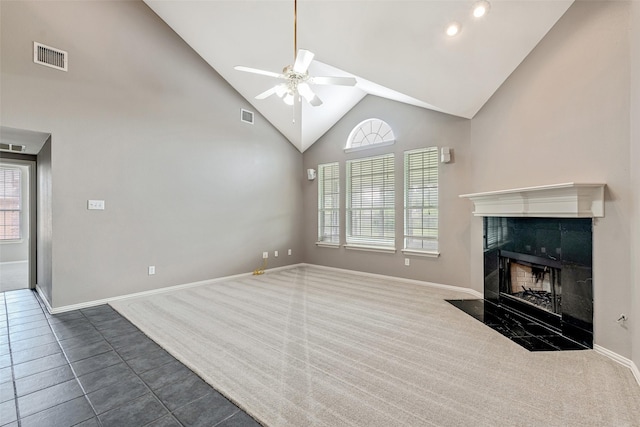 3212 Cantura Dr, Mesquite, TX 75181 - unfurnished living room featuring a ceiling fan, plenty of natural light, high vaulted ceiling, and dark colored carpet