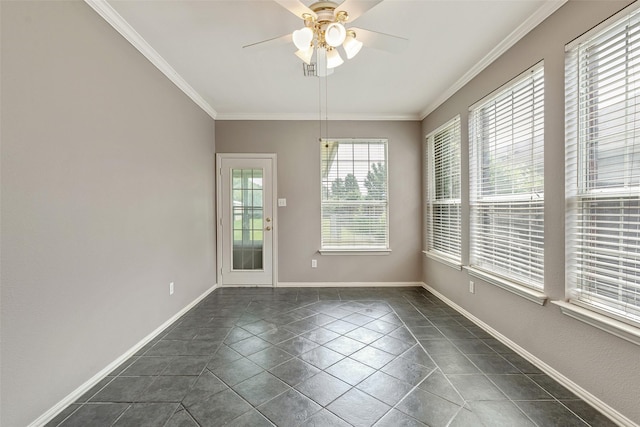 3212 Cantura Dr, Mesquite, TX 75181 - spare room with ceiling fan, ornamental molding, and dark tile patterned flooring