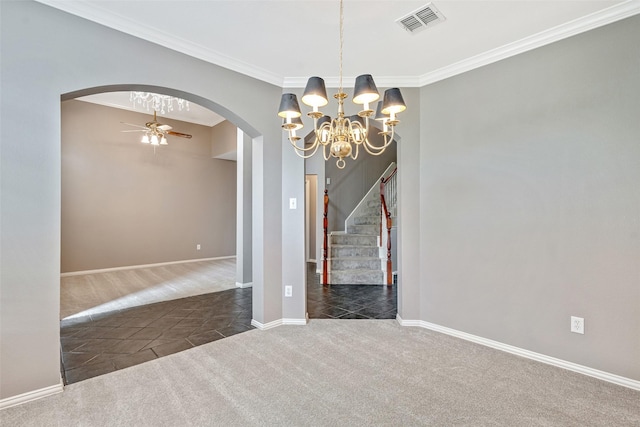 3212 Cantura Dr, Mesquite, TX 75181 - tiled empty room with arched walkways, a chandelier, crown molding, ceiling fan, and carpet floors