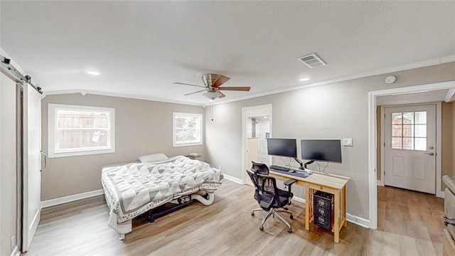 2305 Briarwood Ln, Carrollton, TX 75006 - bedroom featuring light wood-style floors, a desk, ornamental molding, a barn door, and ceiling fan