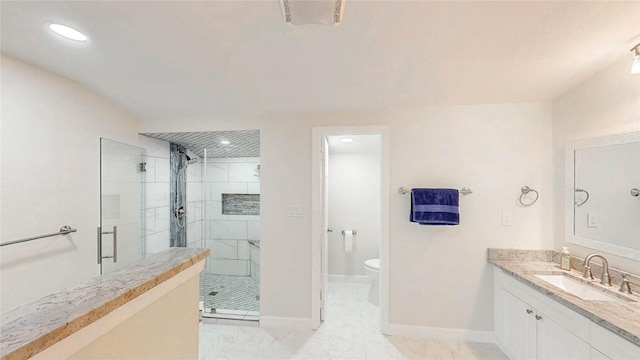 2305 Briarwood Ln, Carrollton, TX 75006 - full bath with a shower stall, vanity, marble finish floors, and recessed lighting