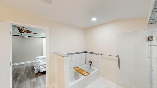 2305 Briarwood Ln, Carrollton, TX 75006 - full bathroom with a garden tub, ceiling fan, recessed lighting, and wood finished floors