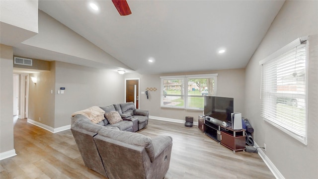 2305 Briarwood Ln, Carrollton, TX 75006 - living room featuring vaulted ceiling, light wood-type flooring, ceiling fan, and recessed lighting