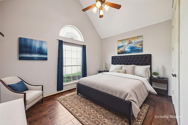 1535 Winding Creek Ln, Rockwall, TX 75032 - bedroom with high vaulted ceiling, dark wood-type flooring, and a ceiling fan