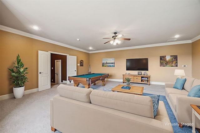 1535 Winding Creek Ln, Rockwall, TX 75032 - living room with billiards, light carpet, a ceiling fan, recessed lighting, and crown molding