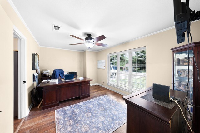 1440 Live Oak St, Sulphur Springs, TX 75482 - office featuring wood finished floors, ceiling fan, and ornamental molding