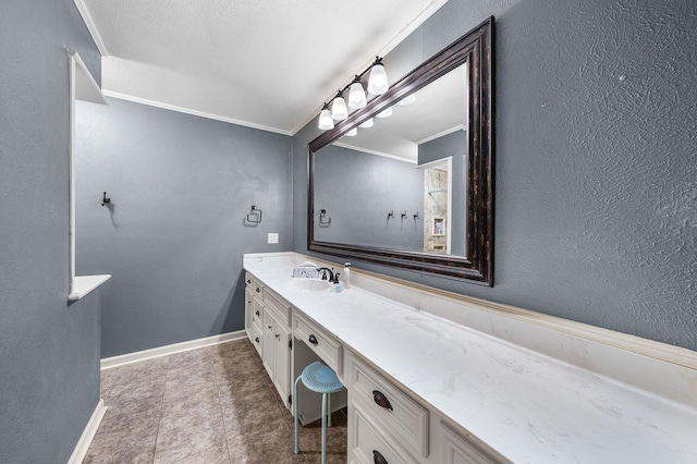 1440 Live Oak St, Sulphur Springs, TX 75482 - bathroom featuring vanity, ornamental molding, and a textured wall