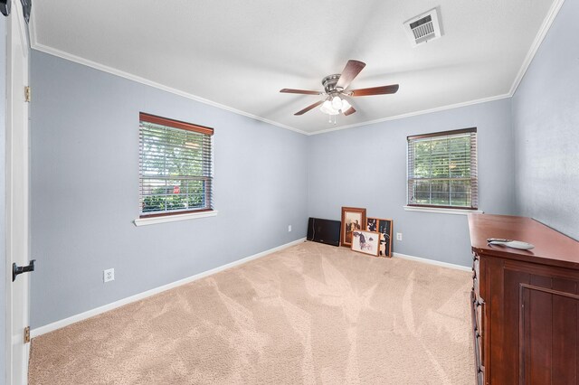 1440 Live Oak St, Sulphur Springs, TX 75482 - bedroom featuring carpet floors, multiple windows, crown molding, and ceiling fan