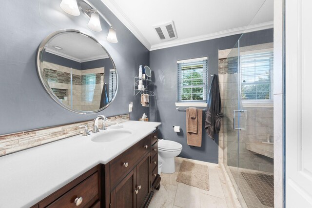1440 Live Oak St, Sulphur Springs, TX 75482 - bathroom featuring vanity, a shower stall, crown molding, and tile patterned floors
