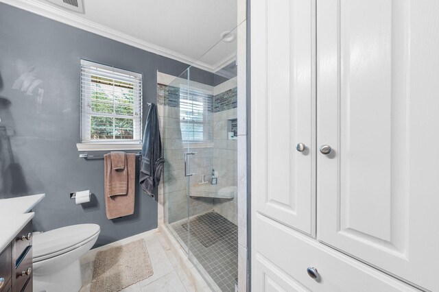 1440 Live Oak St, Sulphur Springs, TX 75482 - bathroom featuring vanity, a shower stall, ornamental molding, and tile patterned flooring