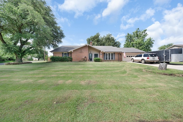 1440 Live Oak St, Sulphur Springs, TX 75482 - ranch-style house featuring brick siding, concrete driveway, a chimney, a garage, and a front yard
